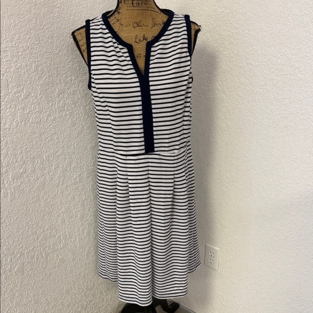 Shelby & Palmer Navy and White Striped Midi Dress